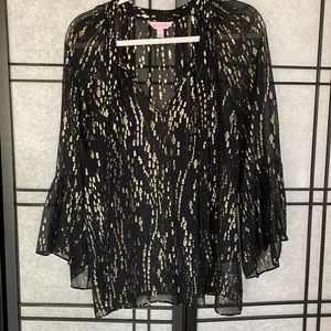 Amazing Lilly Pulitzer Black and Gold blouse with v neck black tassels.